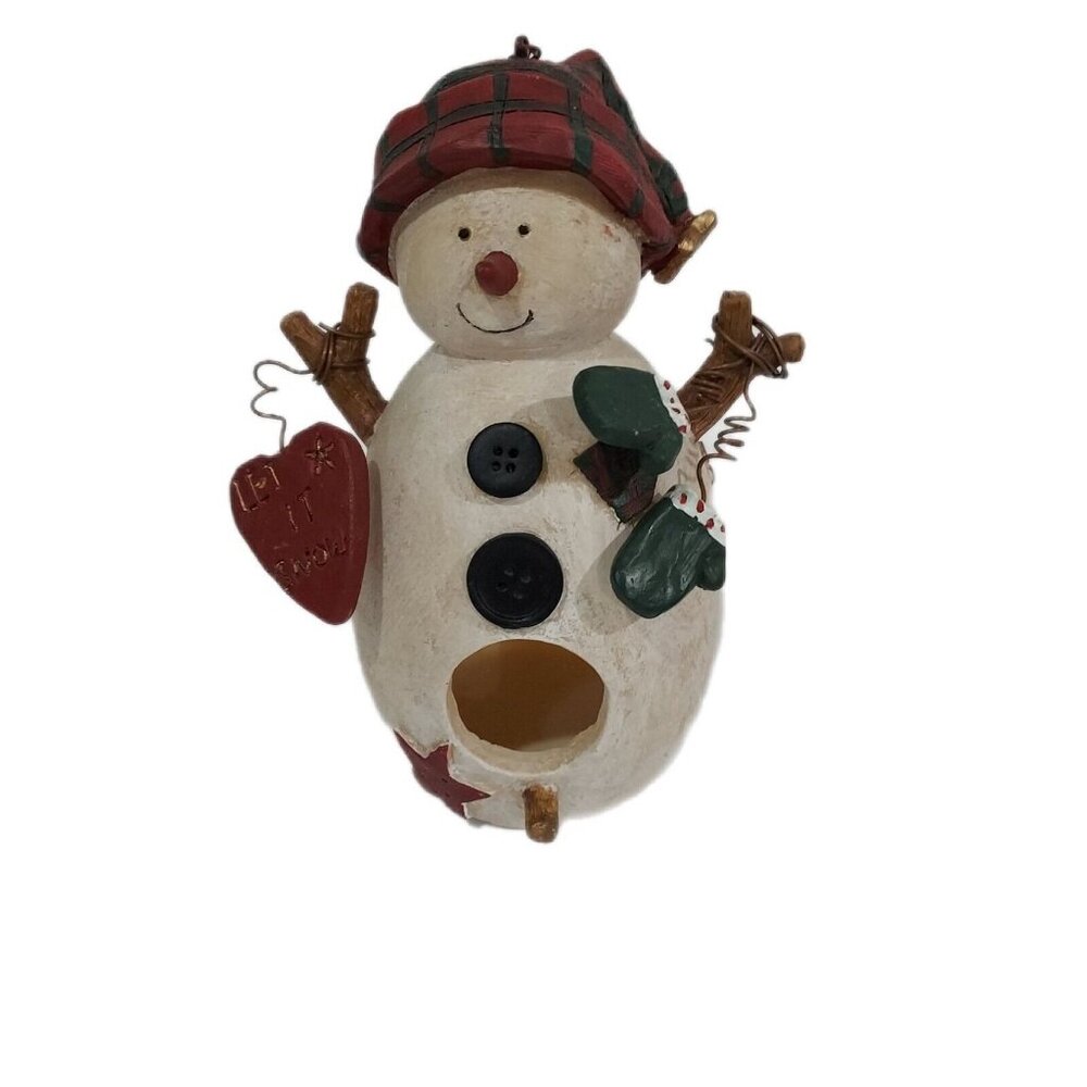 Birdhouse Garden Hummingbird Snowman with Mittens Hearts Red Plaid Hat Resin